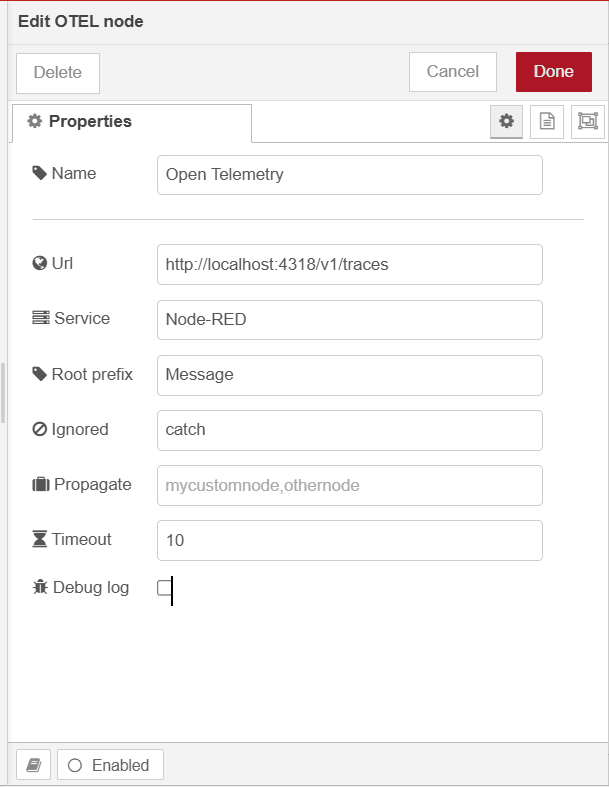 Screenshot showing the configuration of opentelmetry node "Screenshot showing the configuration of opentelmetry node"
